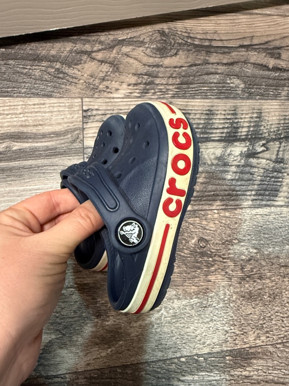 Crocs bayaband size 5 toddler clogs boy girl navy blue red white used